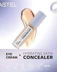 Pastel Makeup Eye Cream + Hydrating Satin Concealer: Brighten & Conceal Dark Circles - 24H Hydration for Radiant Eyes Pastel Makeup Eye Cream Concealer: Hydrate, Brighten, Conceal eye cream, hydrating concealer, dark circle concealer, under eye cream, brightening eye cream, satin finish concealer, eye cream for dark circles, hydrating eye concealer, best concealer for dark circles, eye cream and concealer combo, concealer, dark circles, eye bags, hydration, skincare, makeup, beauty, white flower extract, be