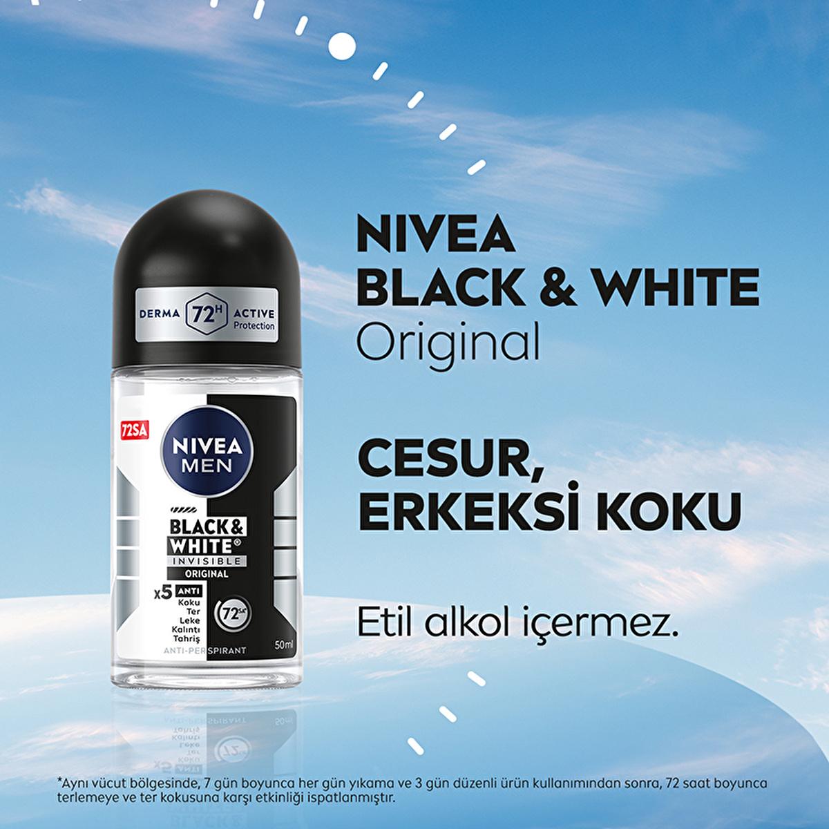 Nivea Men Deodorant - Nivea Men Erkek Roll-on Deodorant Black & White Invisible Original 50 ml - Long Lasting Anti-Perspirant Protection Nivea Men Deodorant - 72 Hour Protection Nivea Men Deodorant, Roll-on Deodorant for Men, Anti-perspirant Deodorant, Long-lasting Deodorant, Stain-free Deodorant, Men's Grooming, Personal Care, Deodorant for Active Men, Black & White Invisible Deodorant, 72-Hour Protection, Derma Active Protection, X5 Anti Formula, Dermatologically Tested, Men's Hygiene