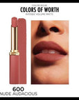 Loreal Paris Color Riche Colors Of Worth Intense Volume Matte Lipstick - 600 Nude Audacious, Long-Lasting Hyaluronic Acid Lip Color Loreal Paris Color Riche Matte Lipstick - Long-Lasting & Moisturizing Loreal Paris Color Riche, Matte Lipstick, Hyaluronic Acid Lipstick, Long-lasting Lip Color, Nude Lipstick, Lip Color, Cosmetics, Makeup, Beauty Products, Moisturizing Lipstick, Matte Finish Lipstick, Lip Care