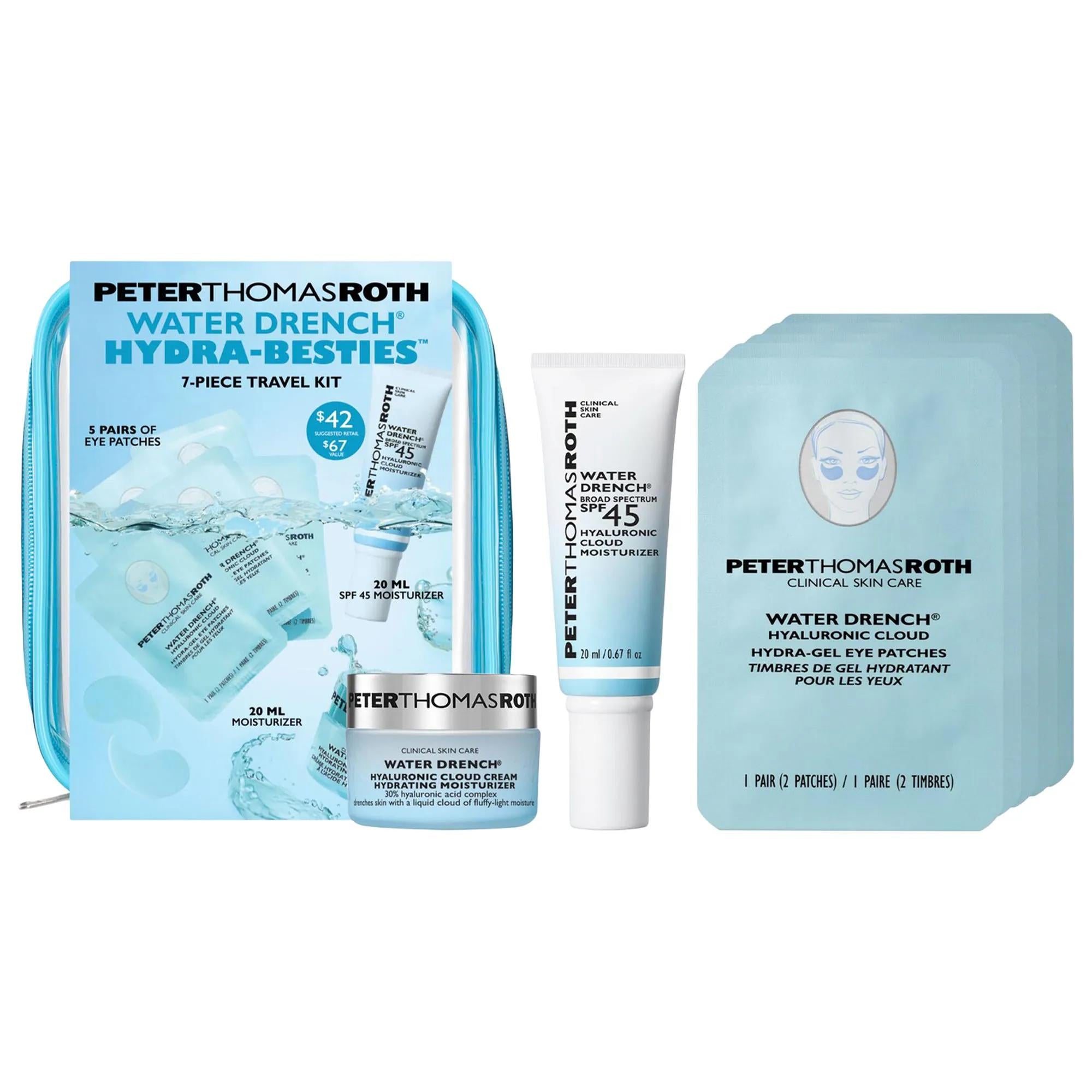 Water Drench: Travel Skincare Set - Hyaluronic Acid Hydration, SPF 45 Sunscreen, Eye Patches for Puffiness, Perfect On-the-Go! Water Drench Travel Skincare: Hyaluronic Acid & SPF 45 - Hydration travel skincare set, hyaluronic acid moisturizer, SPF 45 moisturizer, eye patches for puffiness, hydration skincare kit, broad spectrum sunscreen, travel size skincare, Water Drench skincare, hyaluronic cloud cream, skincare value set, skincare set, hyaluronic acid, SPF 45, eye patches, hydration, broad spectrum, tra