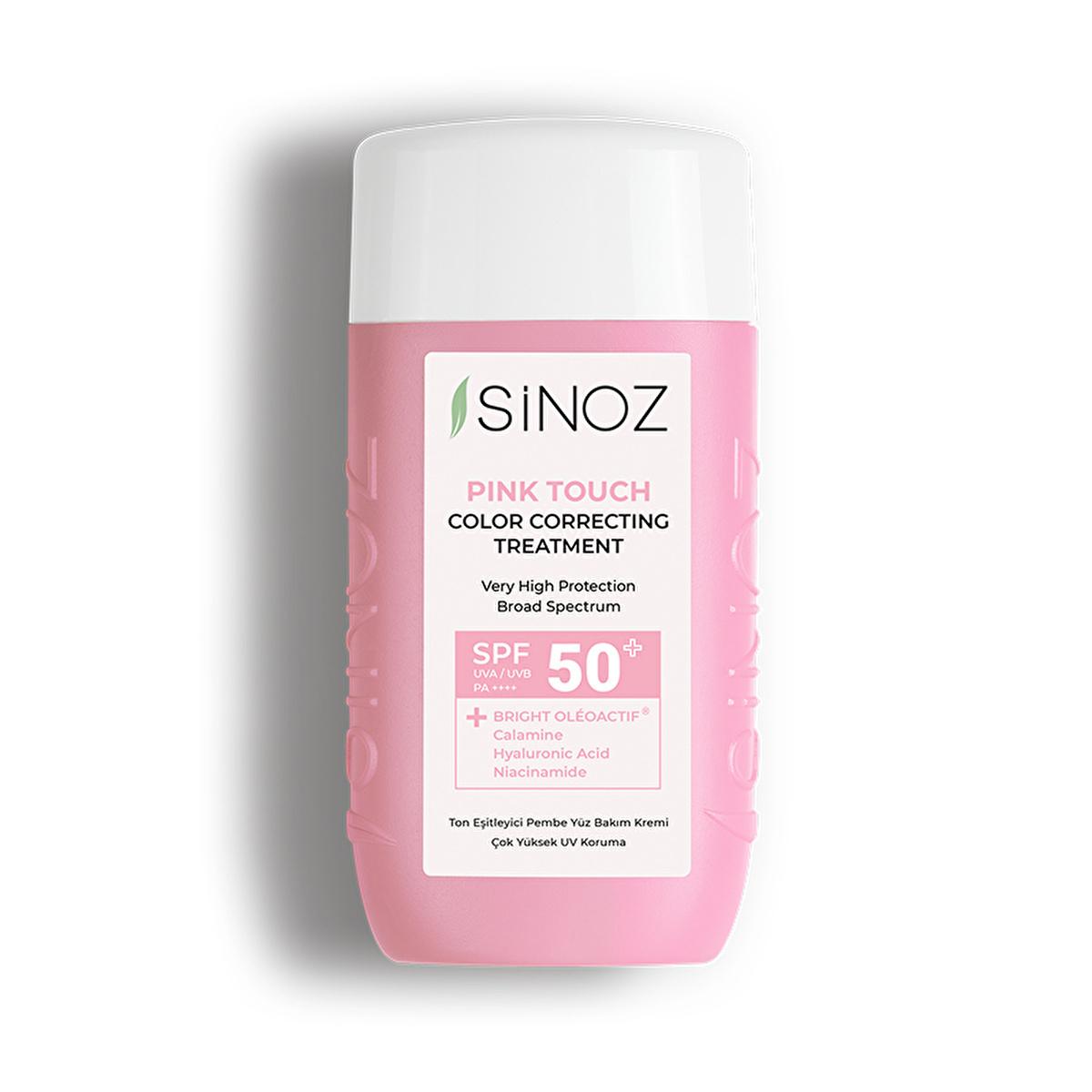 Sinoz Pink Touch SPF50+ Tone-Up Sunscreen: Color Correcting, Redness Reducing, and Brightening Mineral Facial Sunscreen with Hyaluronic Acid - 1.69 fl oz Sinoz Pink Touch SPF50 Sunscreen: Tone-Up & Color Correcting pink sunscreen, tone-up sunscreen, color correcting sunscreen, SPF50 sunscreen for face, sunscreen for redness, sunscreen for sensitive skin, brightening sunscreen, mineral sunscreen, facial sunscreen, sun protection, redness reduction, even skin tone, hyaluronic acid, niacinamide, bright oleoact
