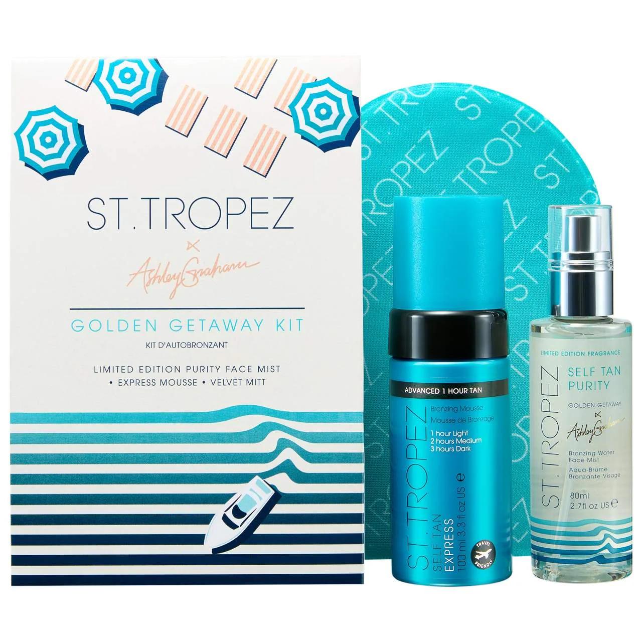 St. Tropez Self Tanning Kit - Ashley Graham-Approved, Cruelty-Free Sunless Tanning Solution with Self Tan Express Mousse, Velvet Mitt & Purity Face Mist St. Tropez Self Tanning Kit - Ashley Graham Approved self tanning kit, sunless tanning products, Ashley Graham-approved skincare, travel-size beauty products, cruelty-free cosmetics, skincare sets, beauty gifts, sunless tan, glow up, beauty routine, skincare essentials