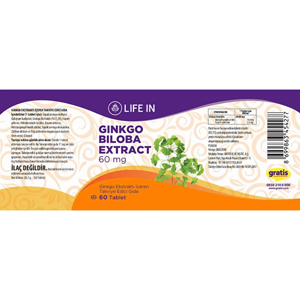 Life In Ginkgo Biloba Extract Dietary Supplement 60 Tablets