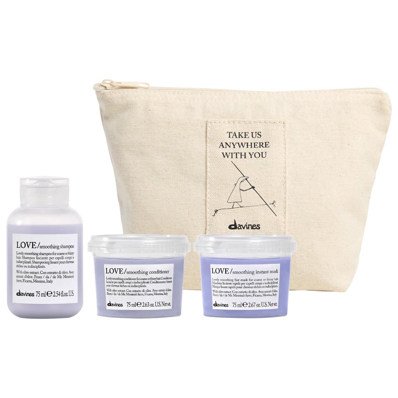 Davines LOVE Smoothing Mini Bestsellers Hair Set: Vegan, Sulfate-Free for Frizzy Hair - Shampoo, Conditioner & Mask for Shine, Manageability & Frizz Control Davines LOVE Smoothing Set: Frizzy Hair? Get Smooth, Shiny Hair! frizzy hair smoothing set, Davines LOVE smoothing kit, vegan hair care for frizz, sulfate-free shampoo for frizzy hair, smoothing conditioner for coarse hair, hair mask for frizzy hair, shine enhancing hair treatment, anti-frizz hair products, manageable hair kit, olive extract hair care,