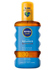 Nivea Sun SPF 30 Tanning Oil Spray: High Sun Protection, Natural Bronze, Water Resistant, UVA/UVB Protection - 6.76 fl oz Nivea Sun SPF 30: Tanning Oil. Sun Protection + Bronze SPF 30 sunscreen, tanning oil, sun protection, water resistant sunscreen, Nivea sun, bronzing sunscreen, UVA UVB protection, sunscreen for sensitive skin, sunscreen spray, melanin activating sunscreen, sunscreen, sun tan, tanning, water resistant, SPF 30, UVA protection, UVB protection, sensitive skin, outdoor activities, beach, swim