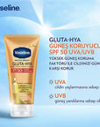 Vaseline Gluta-Hya SPF 50 Sunscreen Body Lotion: UVA/UVB Protection, Hydrating Hyaluronic Acid, Reduces Sunspots, Non-Greasy Formula Vaseline SPF 50 Sunscreen: UVA/UVB Protection & Hydration sunscreen body lotion, SPF 50 body lotion, UVA UVB protection, hyaluronic acid body lotion, sunspot reduction lotion, non greasy sunscreen, dermatologically tested sunscreen, GlutaGlow lotion, sun protection body care, body lotion, sunscreen, SPF 50, UVA protection, UVB protection, hyaluronic acid, sunspot reduction, no