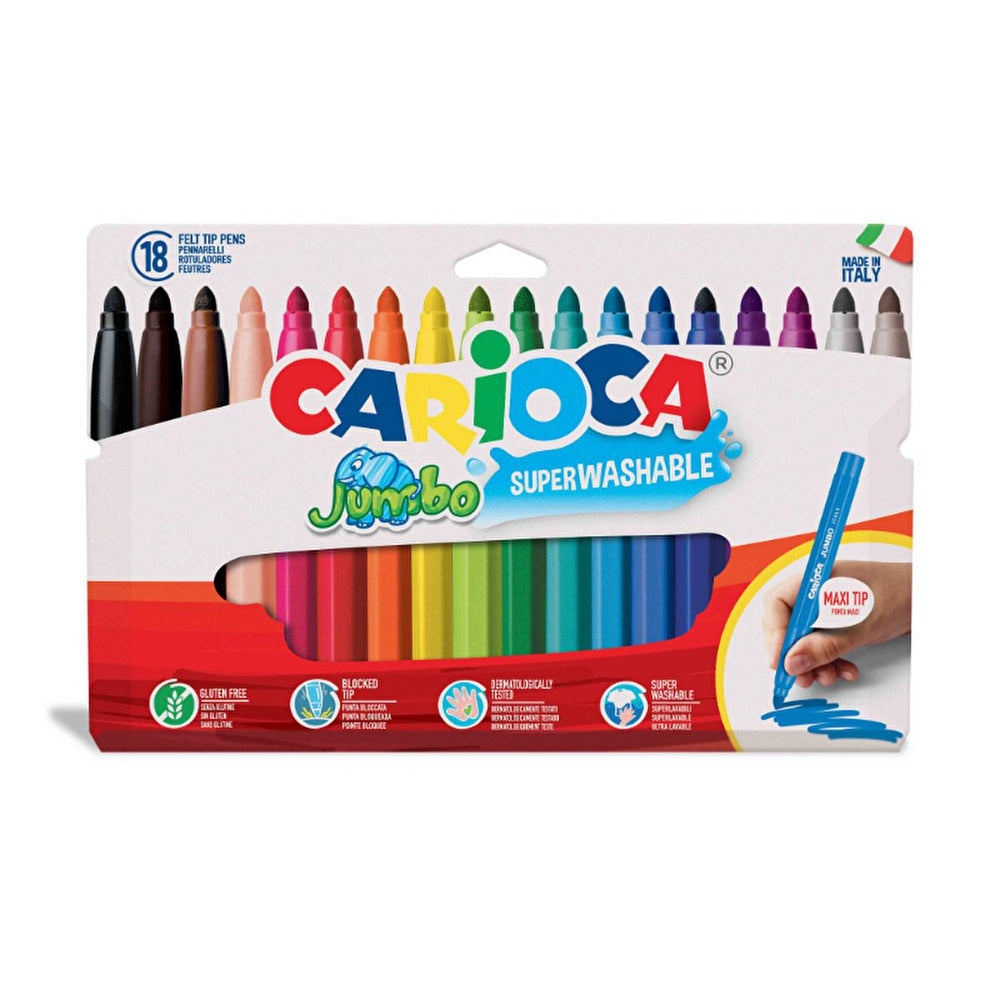 Carioca Washable Markers for Kids - Jumbo Süper Yıkanabilir Keçeli Boya Kalemi 18-Pack, Super Washable Ink, Maxi Jumbo