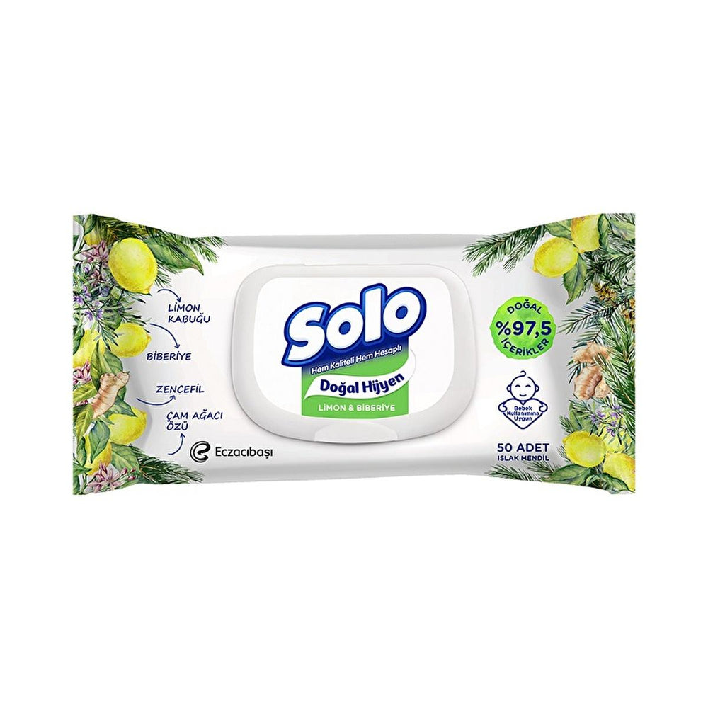 Solo Natural Wet Wipes with Lemon & Rosemary - Hypoallergenic, 97.5% Natural Content, Gentle Cleansing for - Makeup Remover
