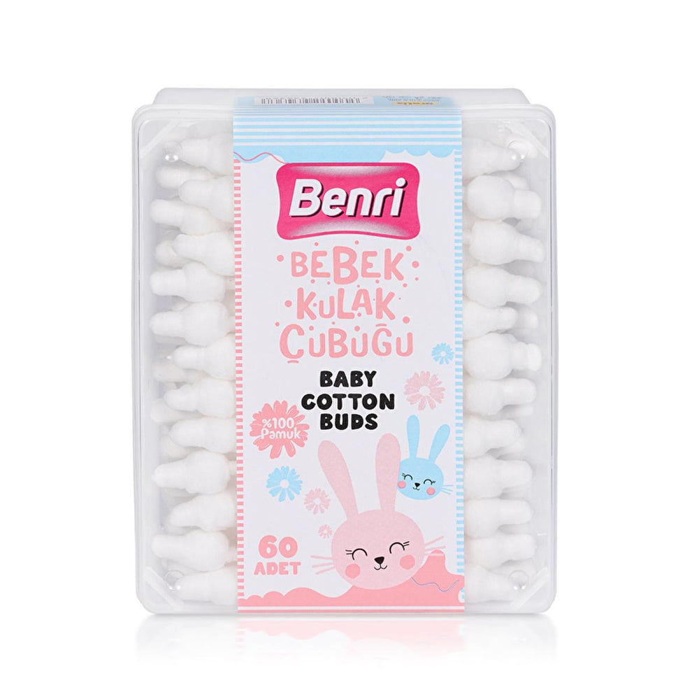 Benri Baby Cotton Swabs - 100% Cotton, Dermatologically Tested, Safe Ear Cleaning for Infants (60 Count) - Baby Care