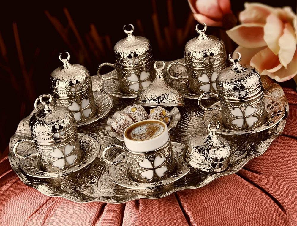 Sena Espresso Coffee Cups Set, Turkish Arabic Greek Coffee Set, Silver Plated Turkish Coffee Set For