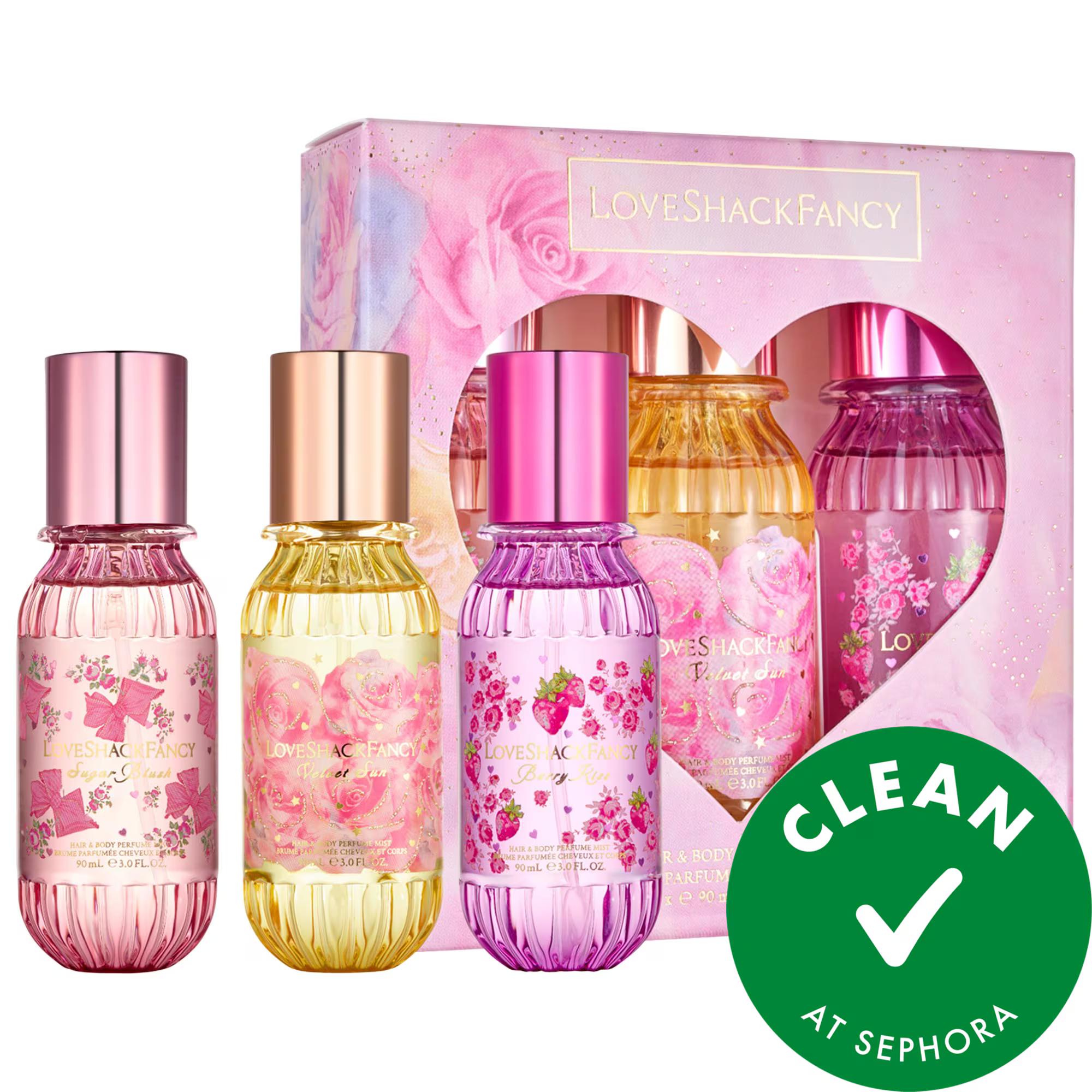 LoveShackFancy Hair & Body Perfume Mist Set: Fruity Floral Fragrance Discovery - Sugar Blush, Velvet Sun, Berry Kiss - Travel Size LoveShackFancy Perfume Mist Set - Fruity Floral Fragrance perfume mist set, body mist set, hair mist, fragrance discovery set, fruity floral perfume, travel size perfume, LoveShackFancy perfume, Sugar Blush mist, Velvet Sun mist, Berry Kiss mist, perfume, body mist, hair perfume, fragrance set, floral perfume, travel perfume, LoveShackFancy, Sugar Blush, Velvet Sun, Berry Kiss,