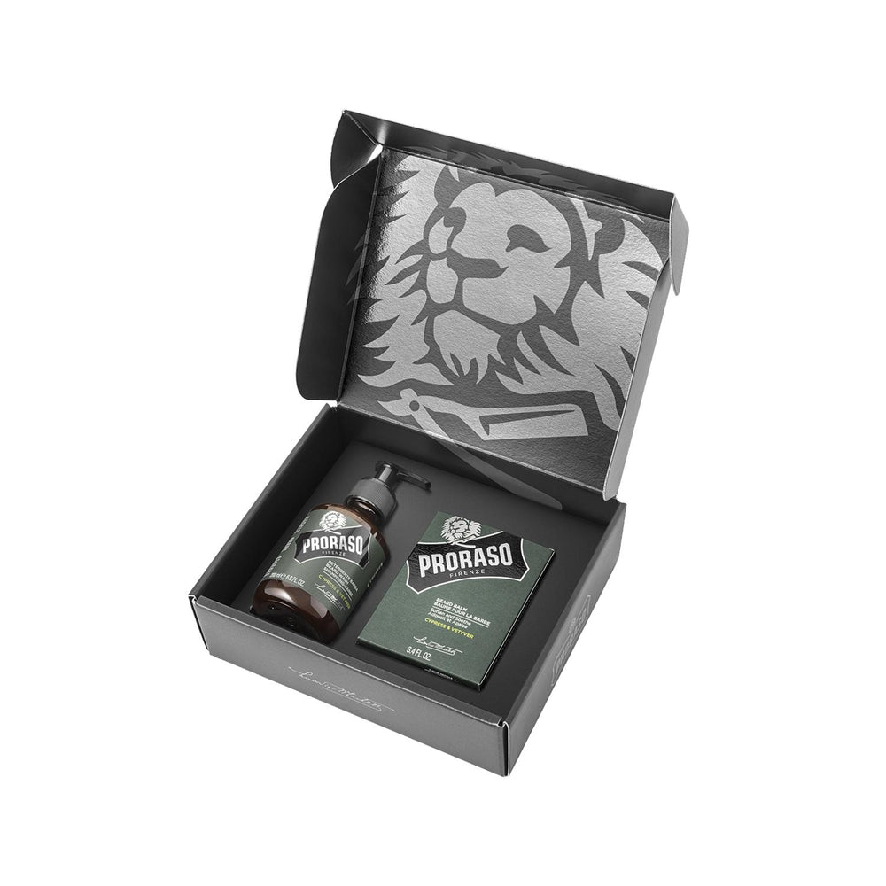 Proraso Cypress & Vetyver Beard Balm & Shampoo Duo for Men - Natural Beard Care Products Proraso Cypress & Vetyver Beard Care Duo Beard balm, Beard shampoo, Cypress and Vetyver scent, Proraso products, Natural beard care, Duo beard products, Men's grooming products, Beard care, Grooming essentials, Natural personal care, Men's grooming, Beard nourishment, Beard conditioning