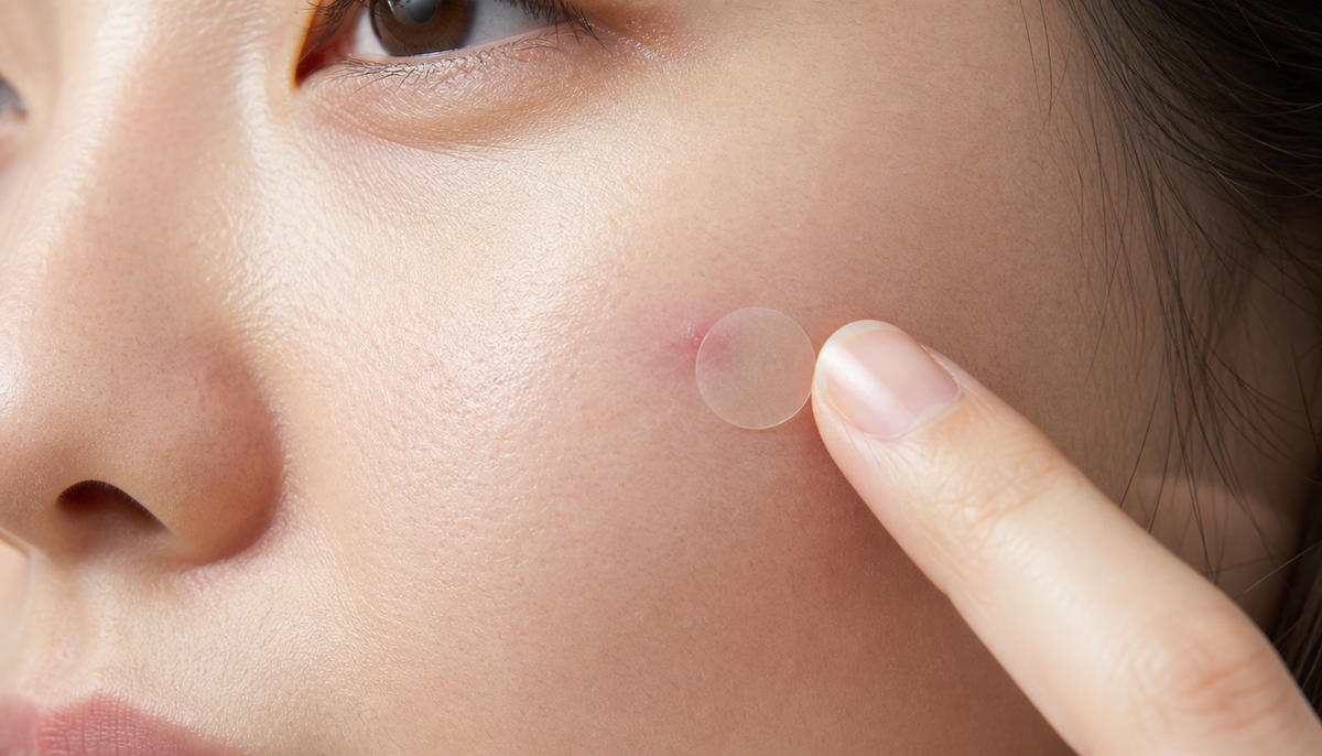 Close-up of a person applying a transparent pimple patch to a blemish on their cheek