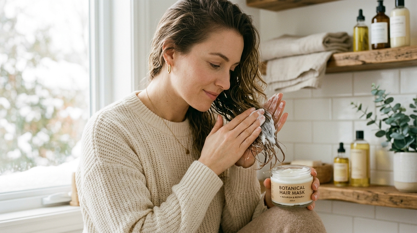 Applying a hydrating winter hair mask to dry ends