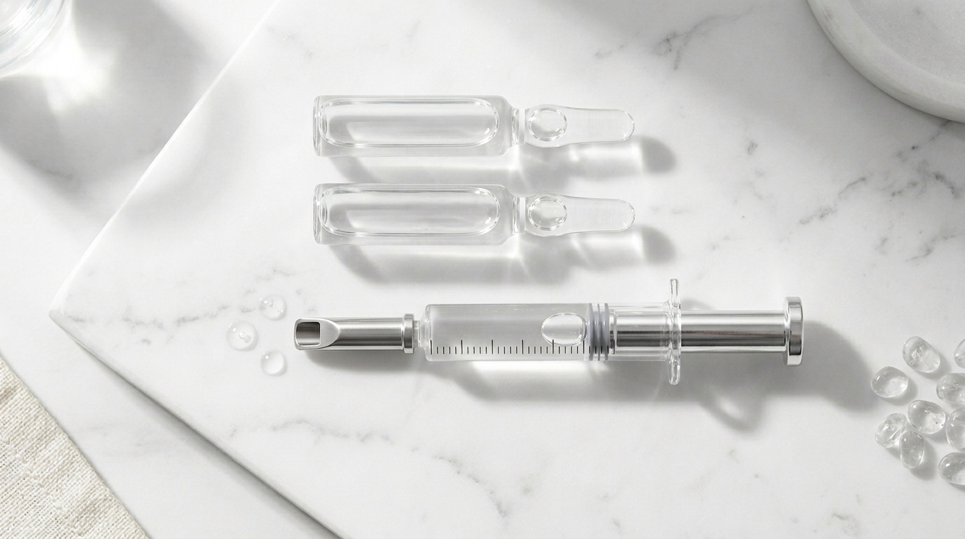 Premium skincare bottles and cosmetic applicator arranged on a marble vanity