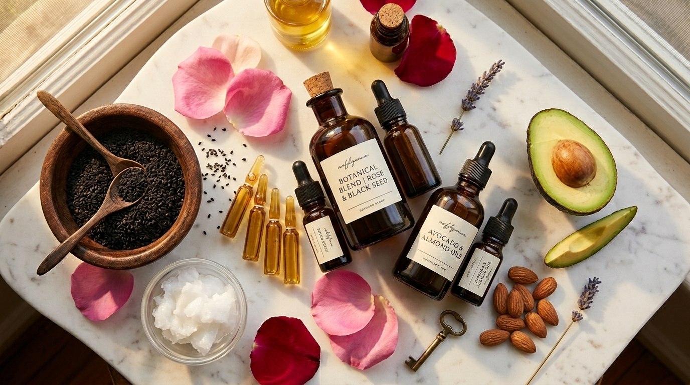 Collection of traditional Turkish hair care oils, vitamin ampoules, and black seeds on a marble surface