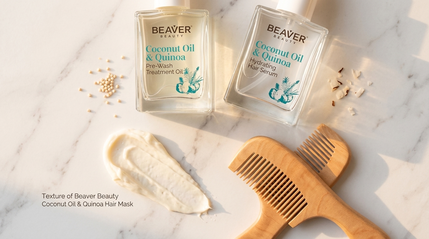 Overhead view of hydrating hair care products and a wooden comb on a marble surface