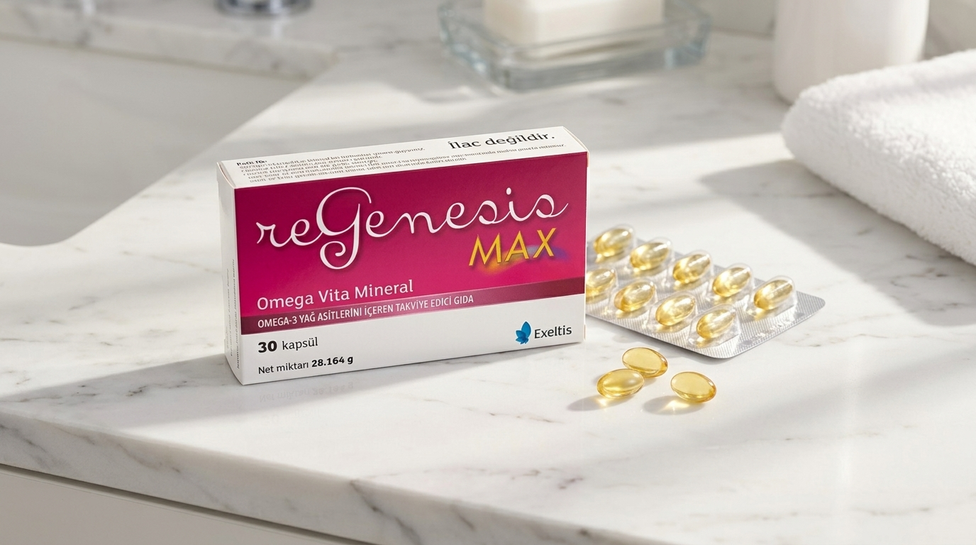 Regenesis Max hair growth supplement box on a marble bathroom counter