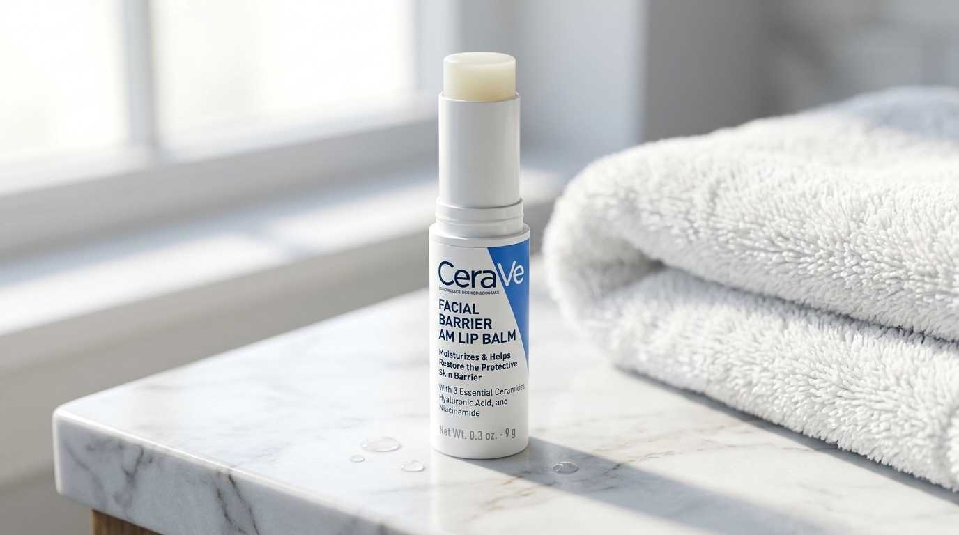 Blue and white ceramide lip balm tube on a marble counter