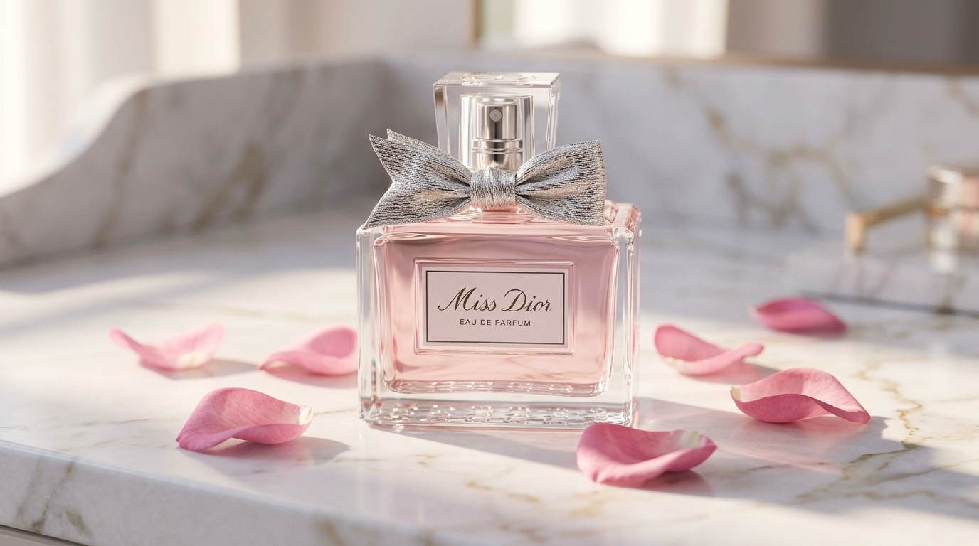 Miss Dior perfume bottle with fabric bow on marble vanity with pink rose petals
