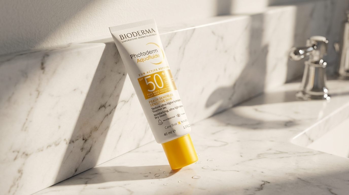 Bioderma Photoderm Aquafluid tube resting on a marble surface in bright morning light