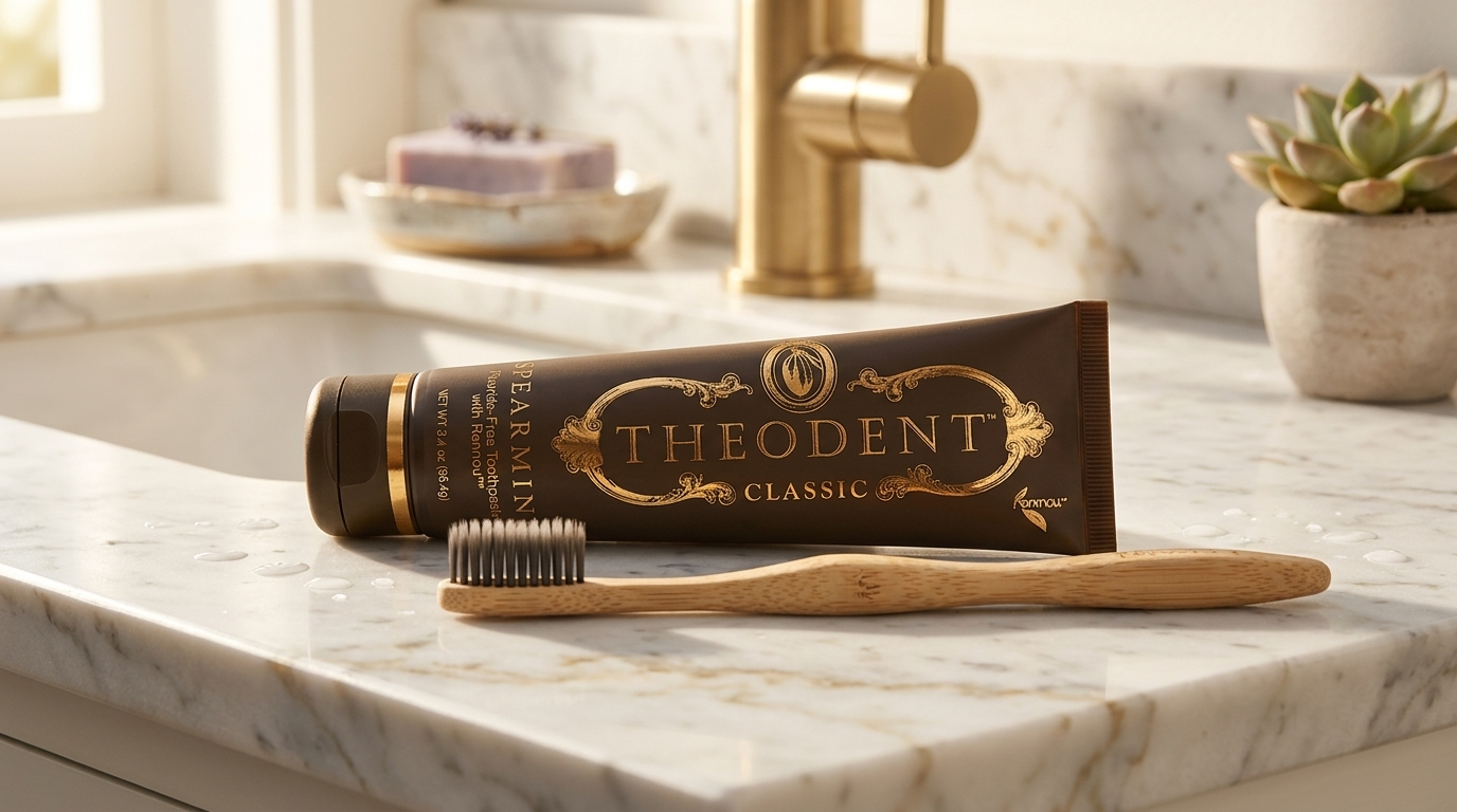 Theodent chocolate toothpaste tube on a marble vanity next to a toothbrush