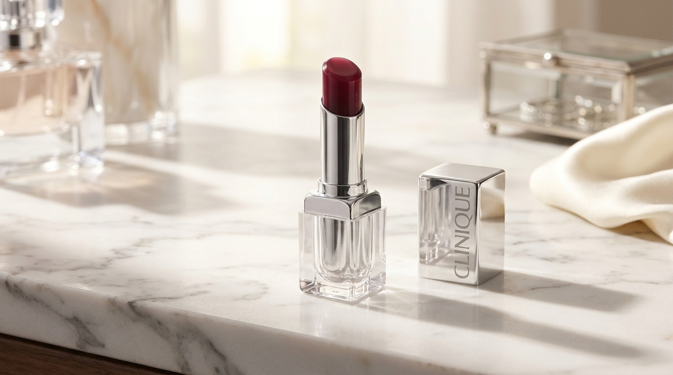 Sleek silver lipstick tube showing dark berry lip color on a marble surface