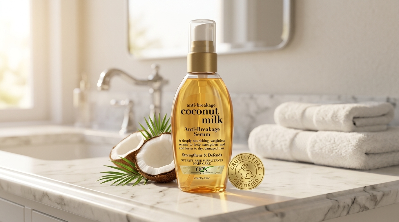 Bottle of golden hair serum sitting on a bright marble vanity