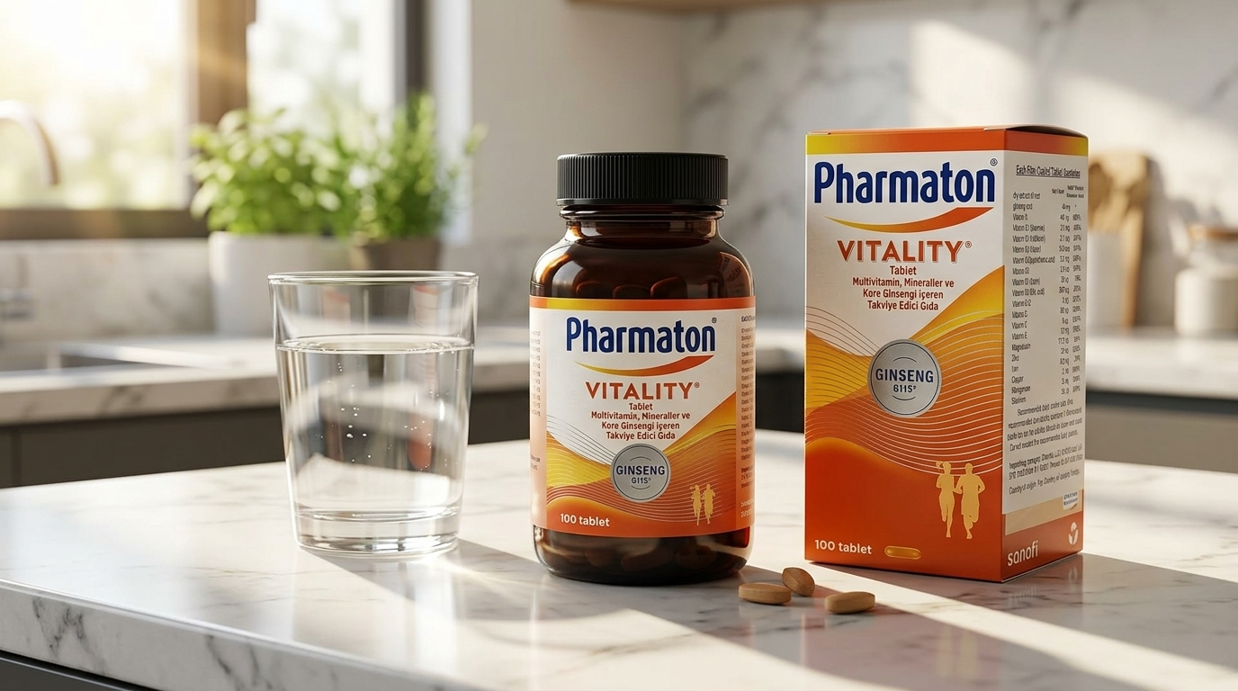 Dark brown supplement bottle next to a glass of water on a morning kitchen counter