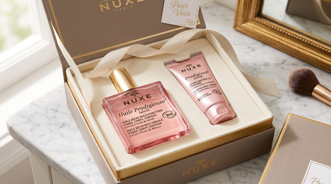 Elegant pink perfume bottle and matching lotion inside a luxury gift box on a marble vanity