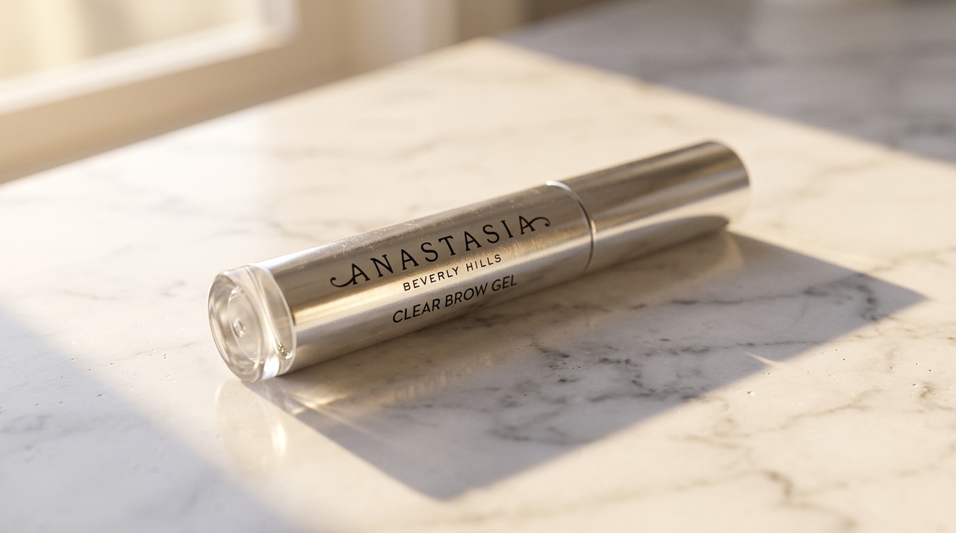 Anastasia Beverly Hills clear brow gel tube resting on a marble surface