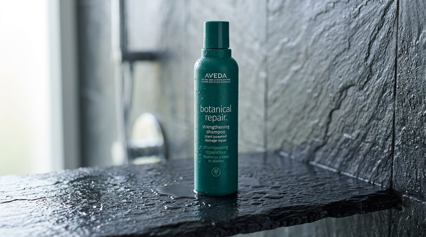 Dark green shampoo bottle resting on a wet slate shower shelf