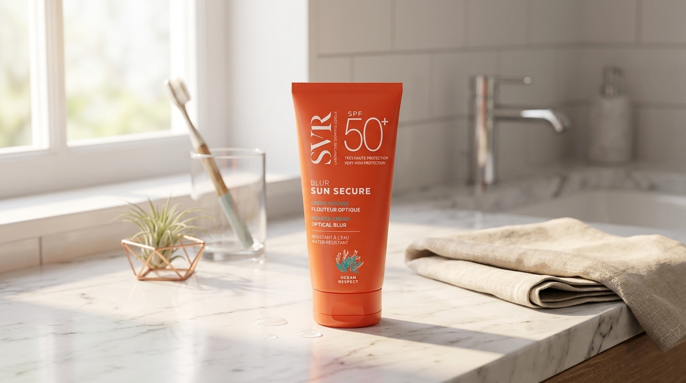 SVR Sun Secure orange sunscreen tube resting on a bright marble bathroom counter in morning light