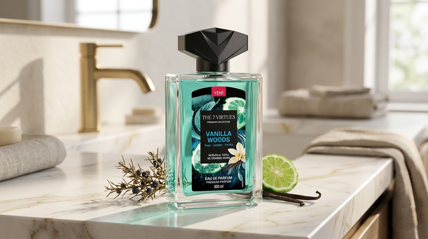 7 Virtues Vanilla Woods perfume bottle on a marble counter
