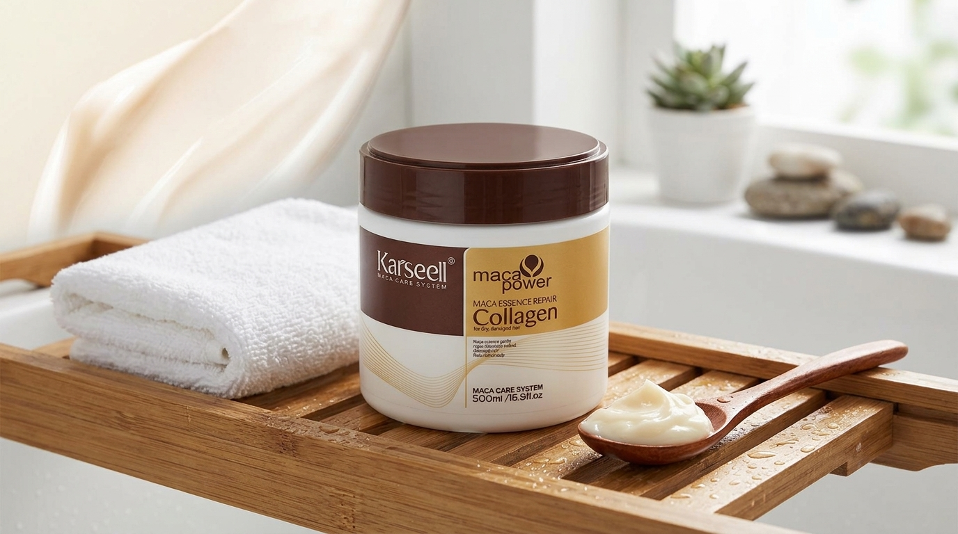 Brown tub of Karseell hair mask resting on a wooden bath caddy