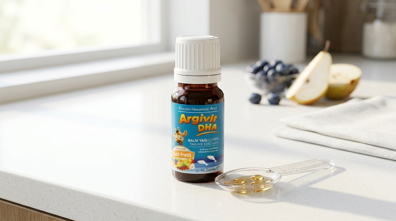 Amber pharmacy bottle and measuring spoon on a bright kitchen counter