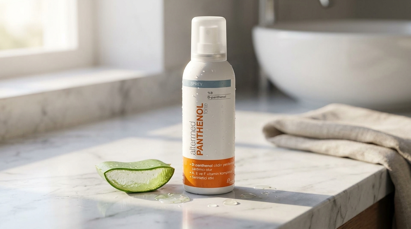 Pharmacy grade after-sun cream tube next to fresh aloe vera