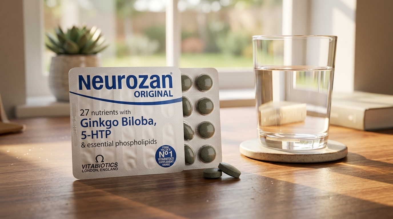 Close up of vitamin tablets with a glass of water on a modern desk