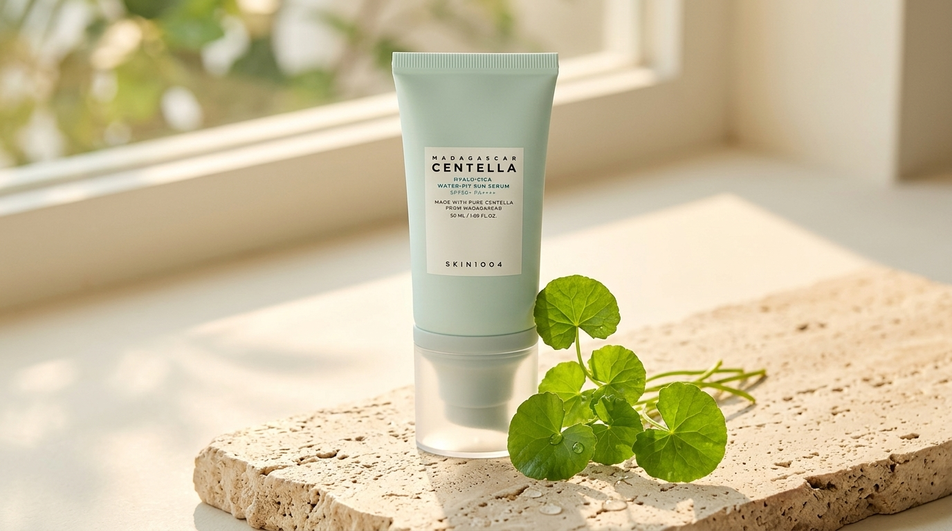 A pale green sunscreen tube displayed with fresh centella leaves on a stone surface