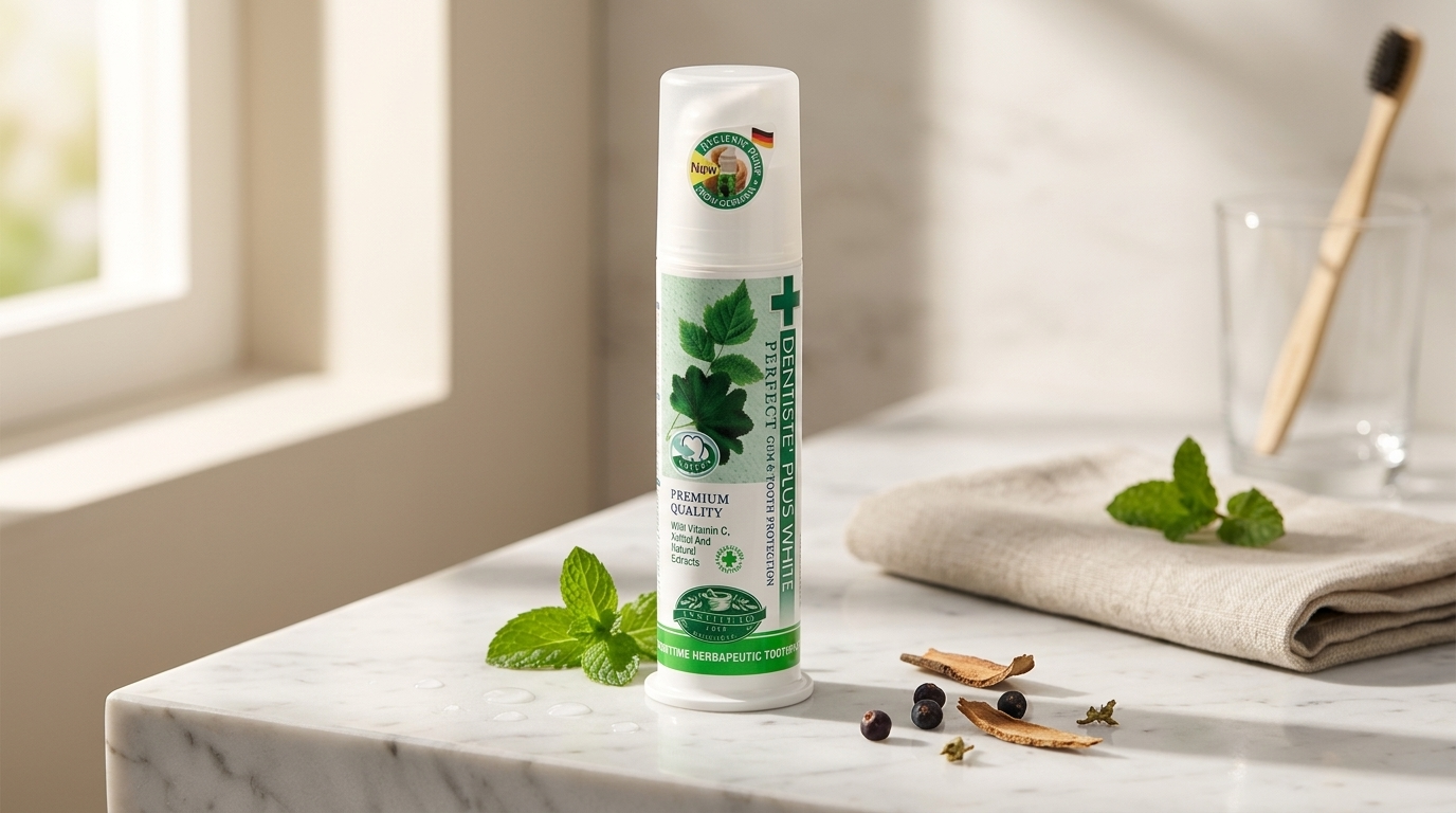 Premium nighttime toothpaste tube on a marble bathroom counter