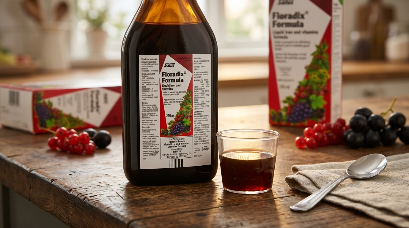 Brown glass bottle and small measuring cup filled with dark liquid supplement on a wooden counter