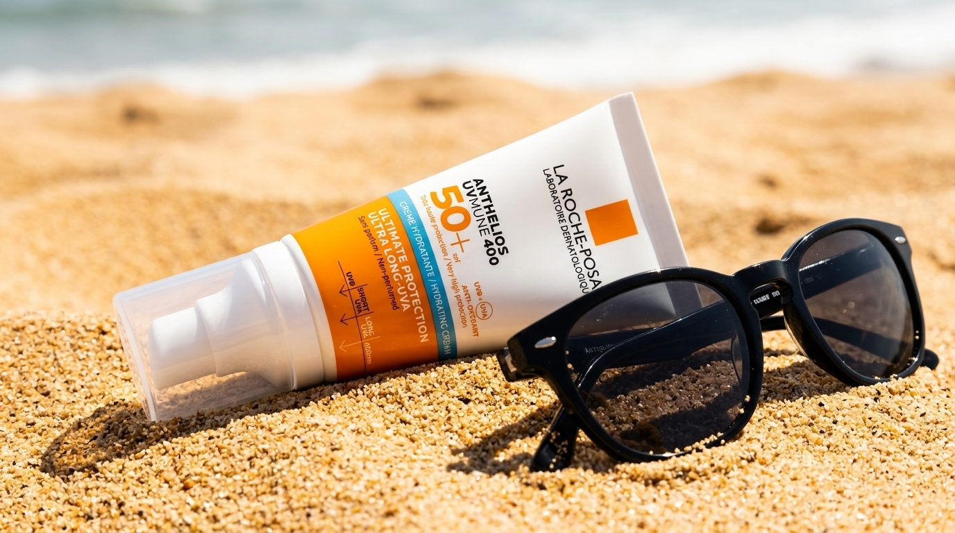 White sunscreen tube and sunglasses resting on sand in bright sunlight