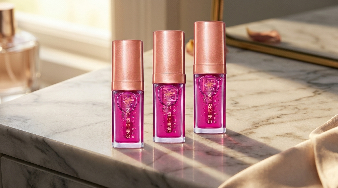 Fenty lip oil tube resting on a marble vanity in soft morning light