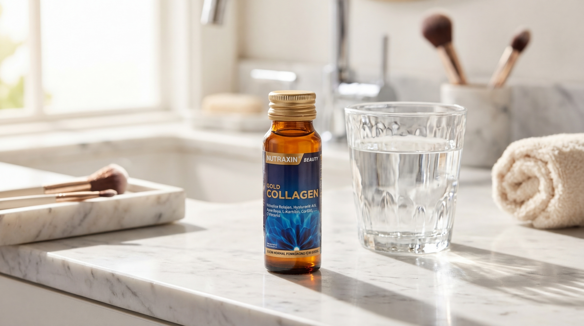 A small glass vial of liquid supplement next to a glass of water on a bathroom counter