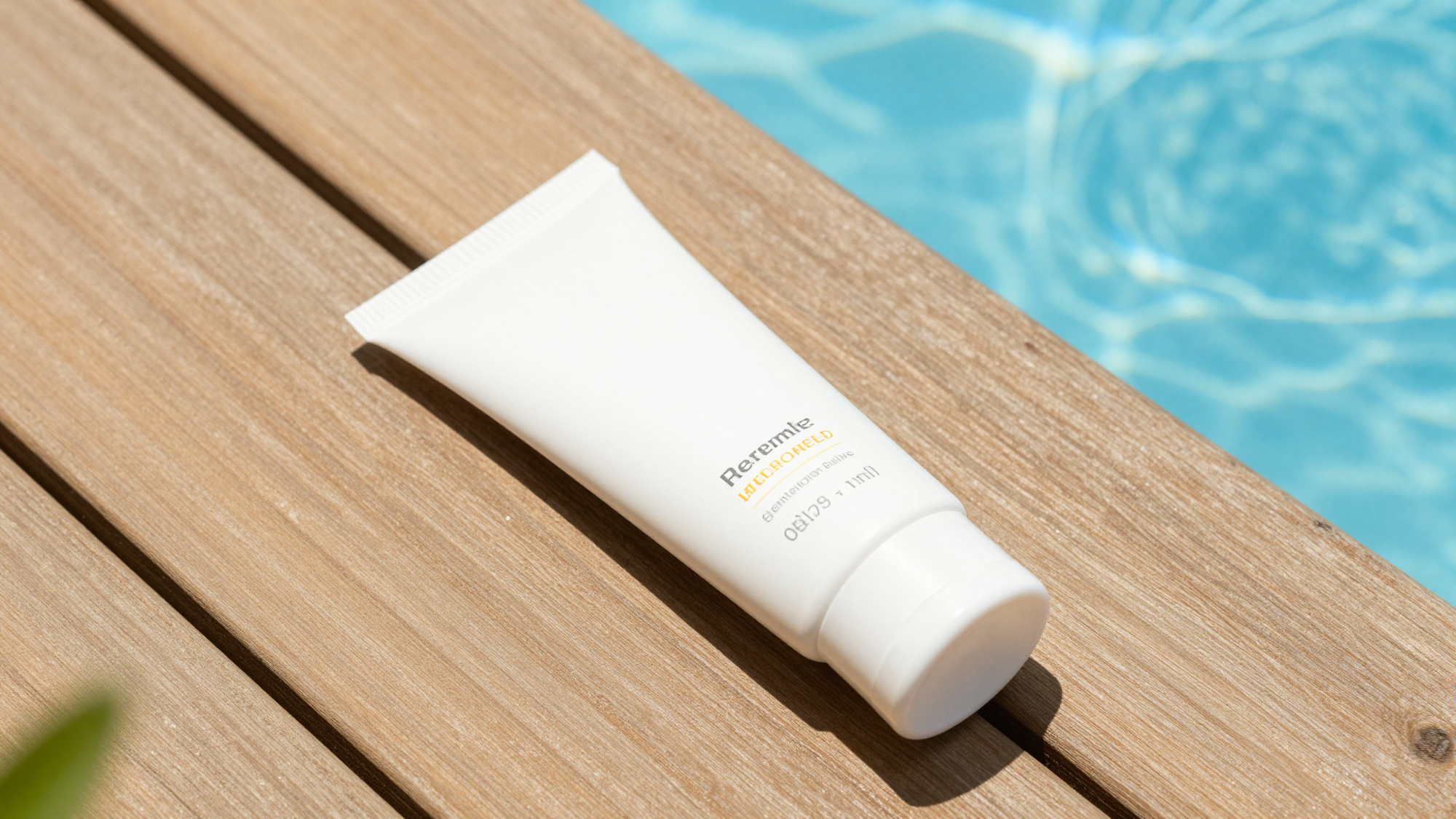 Sunscreen bottle by a pool