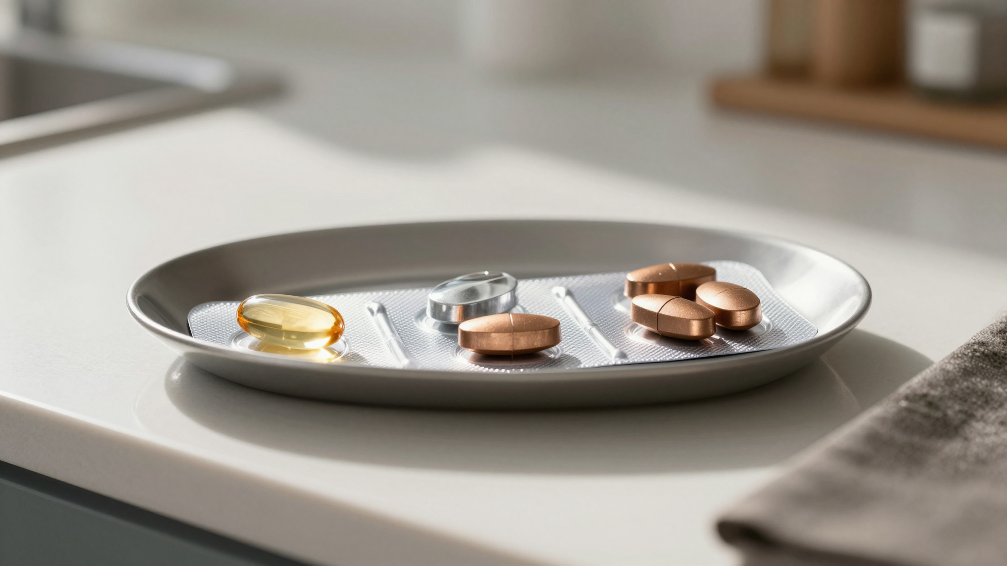 Three different colored Nutrilite tablets on a counter