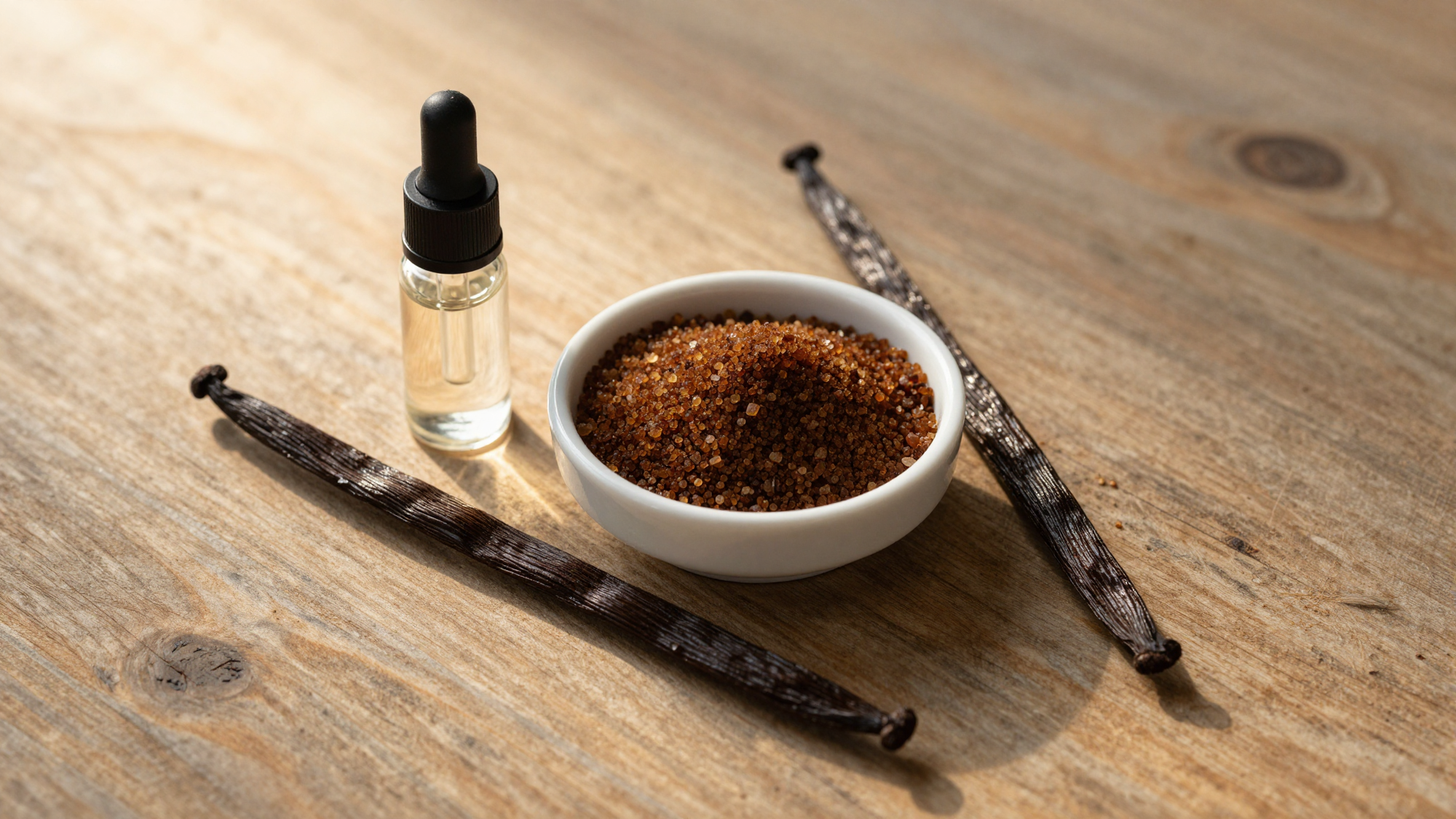 A warm flat lay of vanilla and brown sugar ingredients