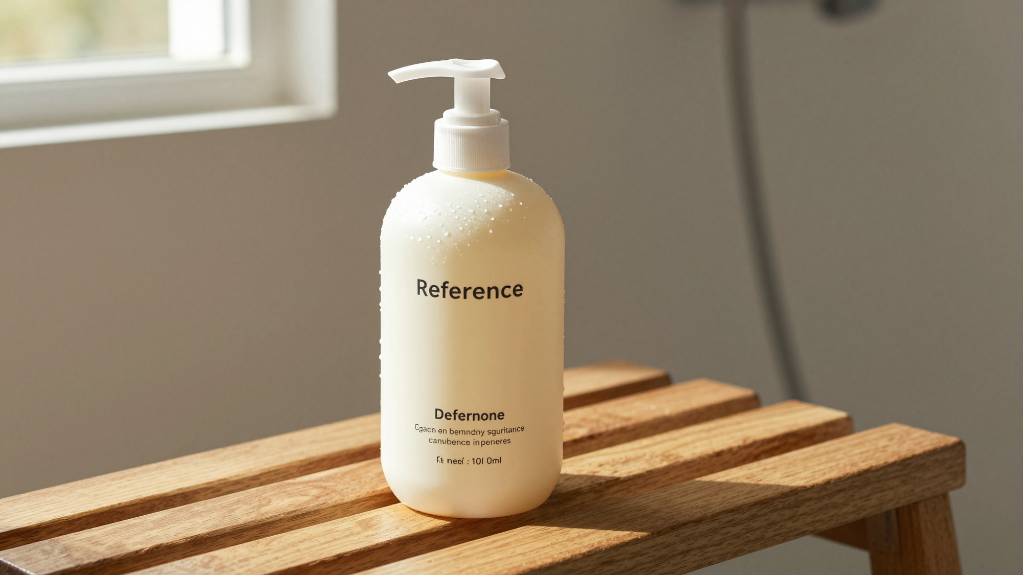 Moisturizing body wash bottle in a sunlit shower setting