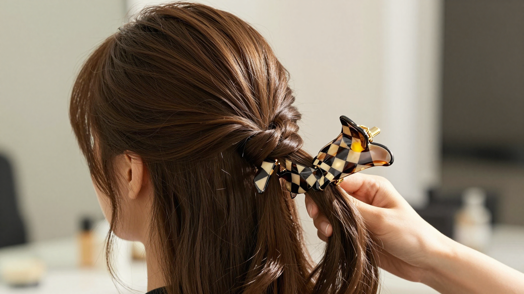 Close up of a checkered claw clip in brunette hair