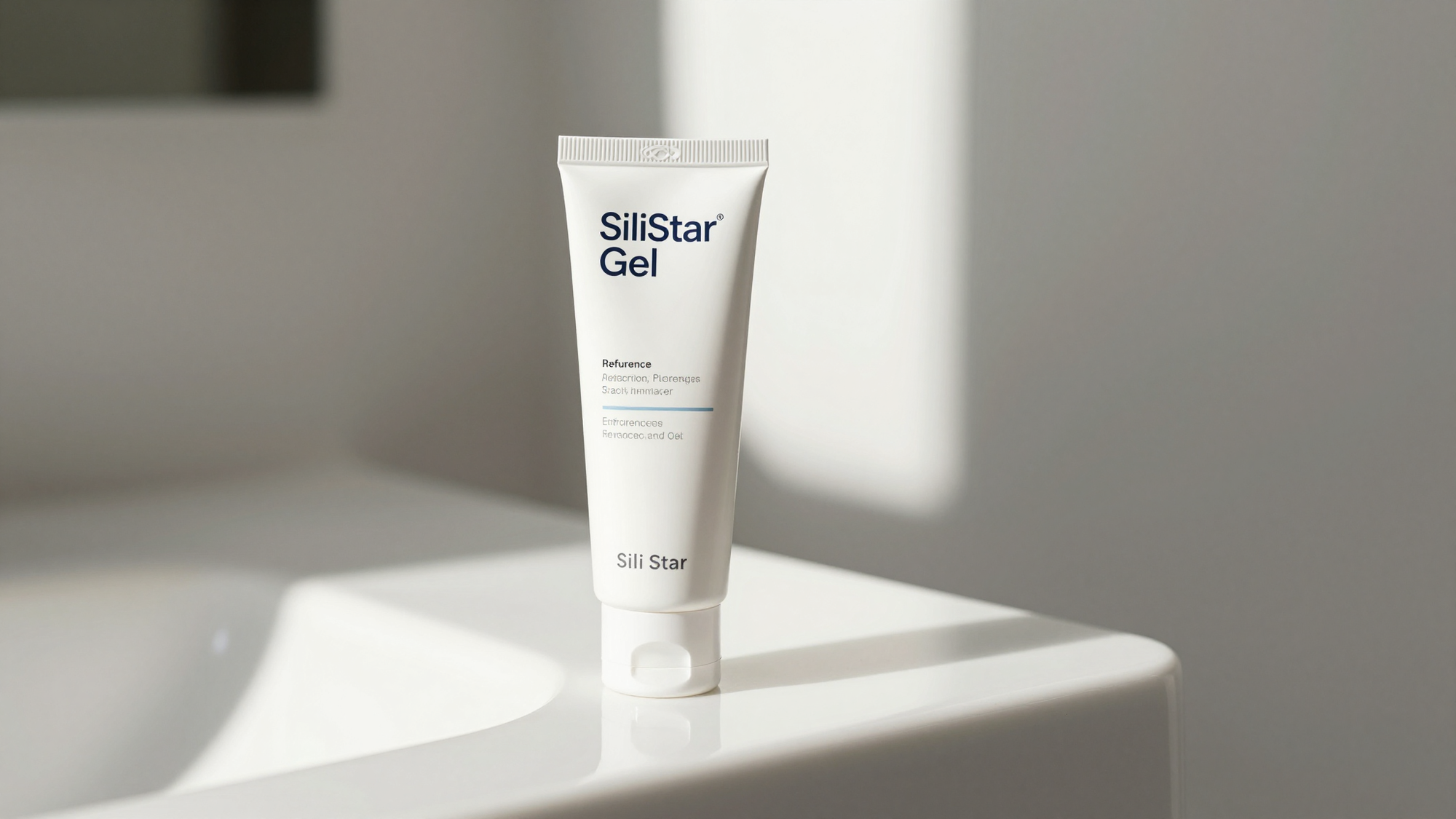 SiliStar Gel tube on a white bathroom counter in morning light